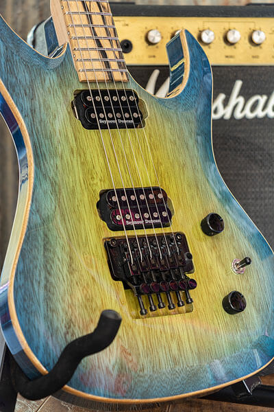 Blueburst paint detail photo of custom-built guitar by State College photographer Rusty Glessner