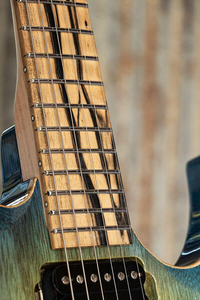 Fretboard detail photo of custom-built guitar by State College photographer Rusty Glessner